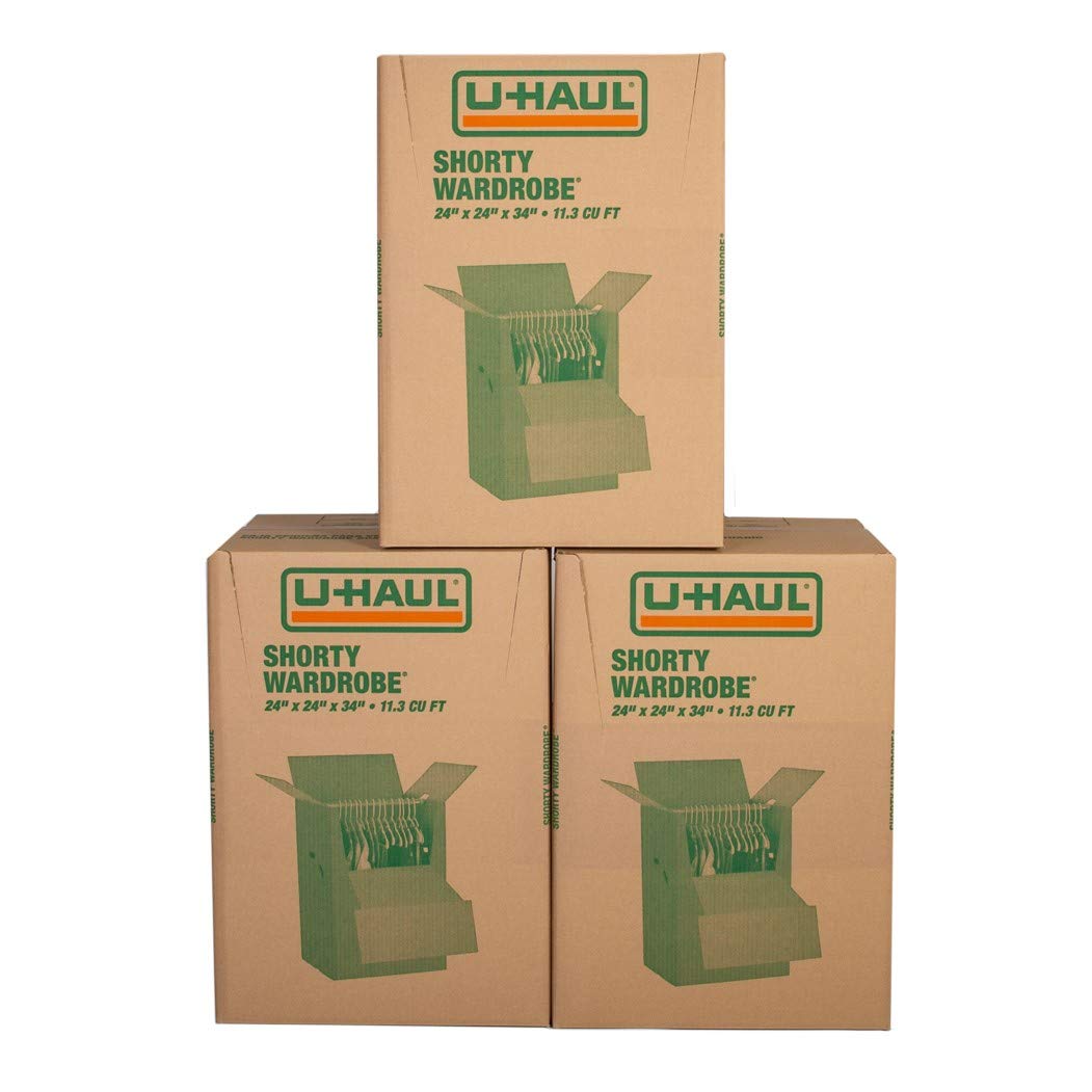 U-Haul Shorty Wardrobe Boxes – Moving Boxes for Hanging Clothing - Pack of 3-24” x 24” x 34”- Hanging Wardrobe Bars Included