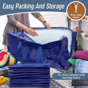 6 Pack Extra Heavy Duty Large Moving Bags with Strong Zipper & Comfortable Handles, Sturdy & Durable Clothes Storage Bags Totes Bins, Blue Packing Bags Moving Boxes College Moving Supplies, Dark Blue