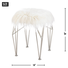 Silver Geometric Vanity Stool with White Faux Fur